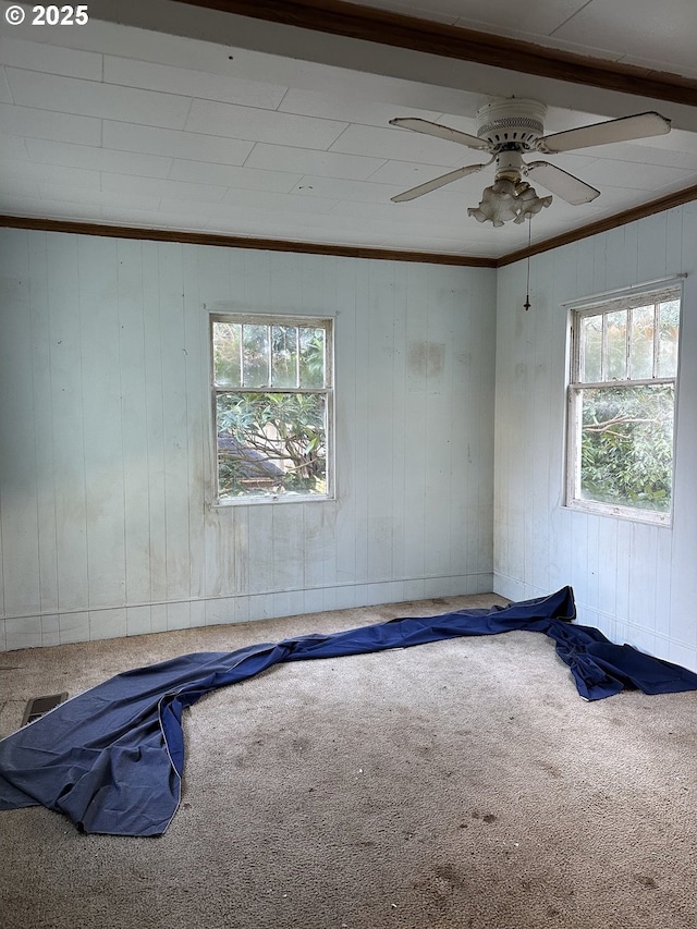 carpeted empty room featuring ceiling fan, plenty of natural light, wood walls, and ornamental molding