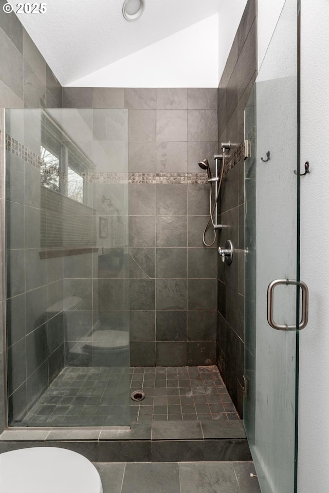 bathroom featuring walk in shower, lofted ceiling, tile patterned floors, and toilet