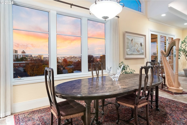 dining room featuring baseboards, ornamental molding, tile patterned flooring, french doors, and recessed lighting