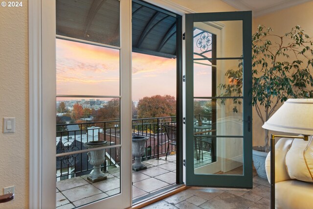 view of balcony at dusk