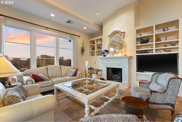 living room featuring visible vents, built in features, a fireplace, beam ceiling, and recessed lighting