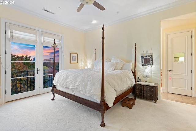 carpeted bedroom with ceiling fan, access to exterior, and crown molding