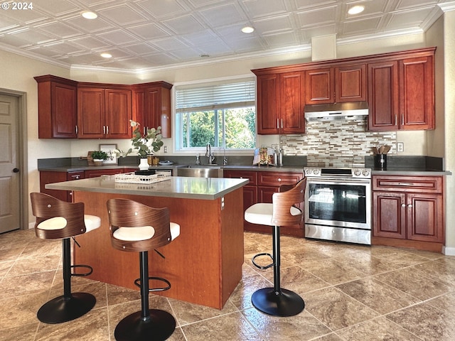 kitchen featuring an ornate ceiling, a sink, under cabinet range hood, and stainless steel electric stove