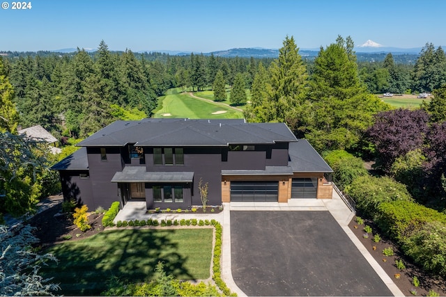 view of front of house featuring driveway and a view of trees