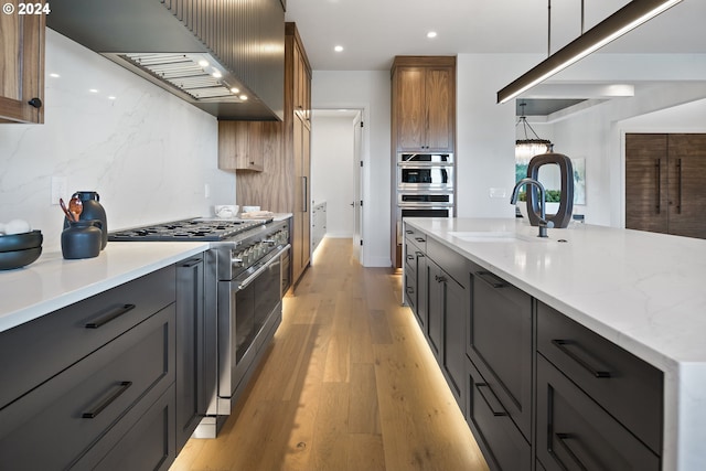 kitchen with stainless steel appliances, a sink, light wood-type flooring, range hood, and tasteful backsplash