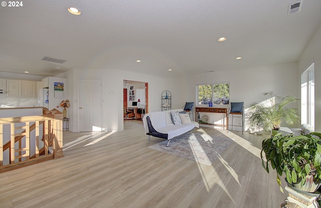 living room with a healthy amount of sunlight and light hardwood / wood-style floors