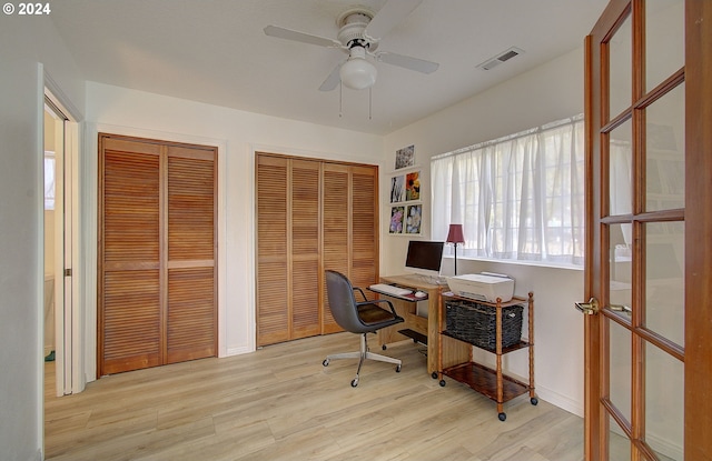 office area with ceiling fan and light hardwood / wood-style flooring