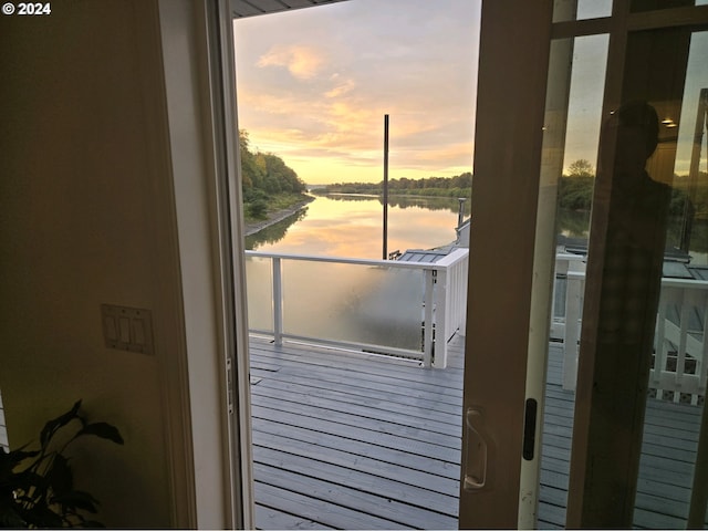 entryway featuring a water view and wood-type flooring