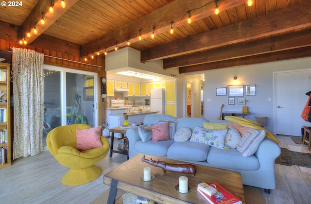 living room featuring beamed ceiling, wooden ceiling, and hardwood / wood-style flooring