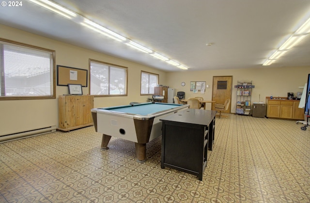 playroom with billiards, baseboard heating, and a wealth of natural light