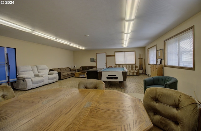 dining area featuring carpet floors and billiards