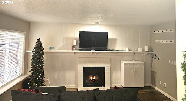 living room featuring a textured ceiling and dark wood-type flooring