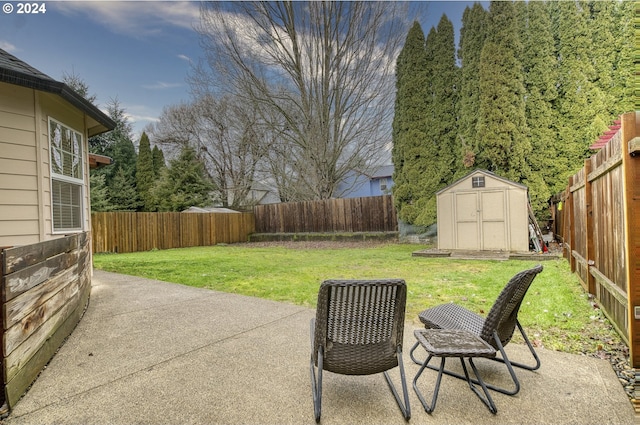 view of patio / terrace featuring a shed