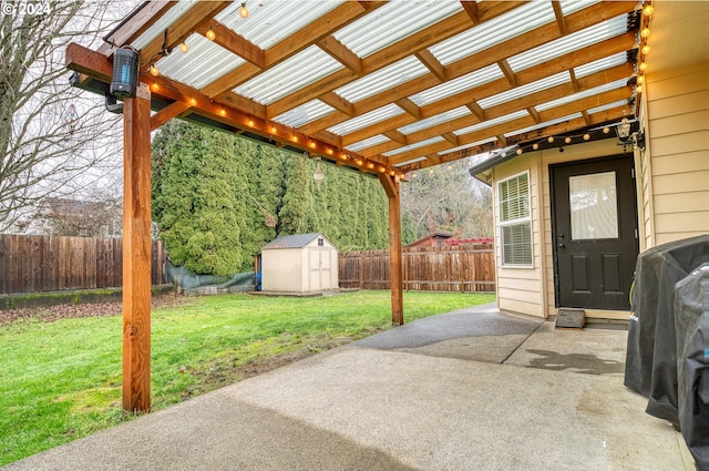 view of patio / terrace with a storage unit