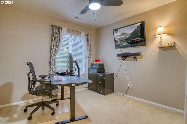 office area with ceiling fan and carpet floors