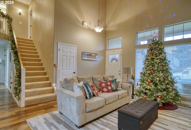 living room with a towering ceiling and light hardwood / wood-style flooring