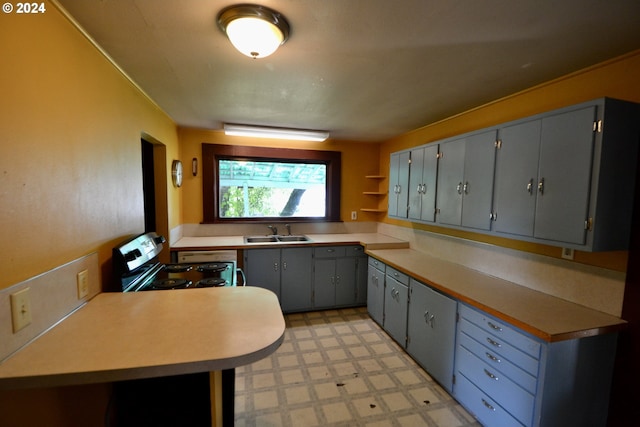 kitchen featuring gray cabinets, kitchen peninsula, sink, and electric stove