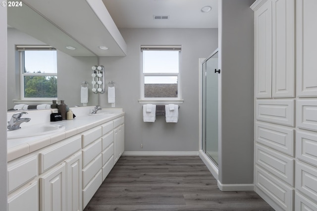 bathroom with vanity, an enclosed shower, and plenty of natural light