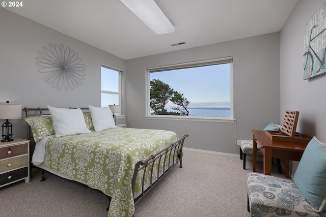 bedroom featuring multiple windows, a water view, and carpet