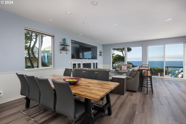 dining space with wood-type flooring