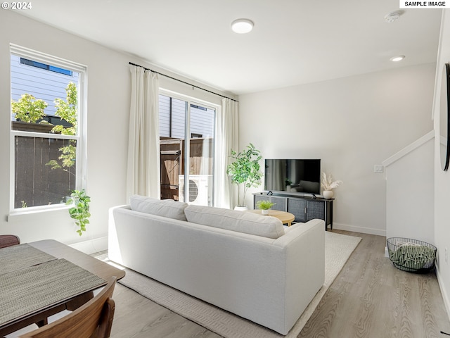 living room with a healthy amount of sunlight and light hardwood / wood-style flooring