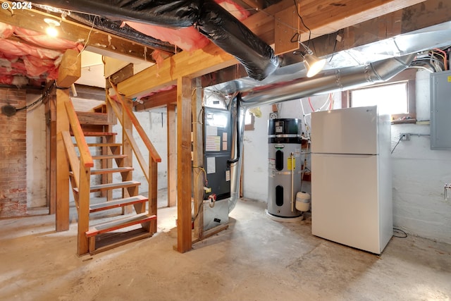 basement featuring heat pump water heater, electric panel, heating unit, and white refrigerator