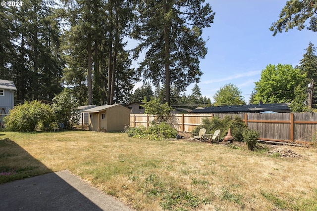 view of yard featuring a storage unit