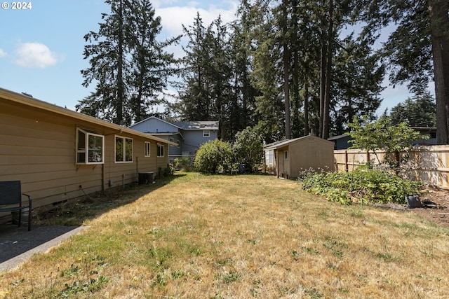 view of yard featuring central air condition unit and a storage unit