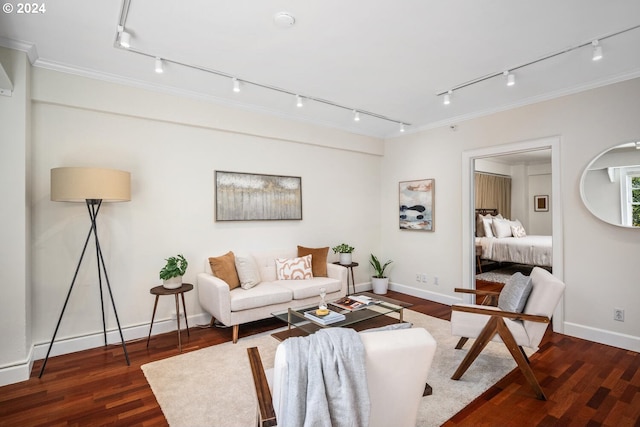 living room featuring crown molding, dark wood-type flooring, and rail lighting