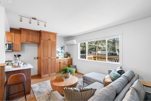 living room with a wall mounted AC and light hardwood / wood-style floors