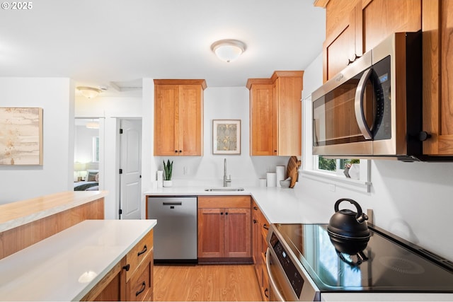 kitchen with sink, stainless steel appliances, and light hardwood / wood-style flooring