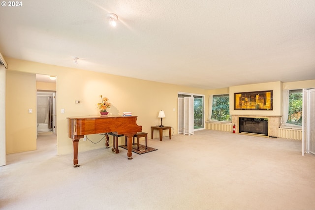 sitting room with light colored carpet and a glass covered fireplace