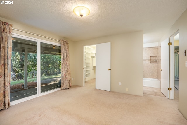 unfurnished bedroom featuring carpet, a spacious closet, a closet, a textured ceiling, and access to outside