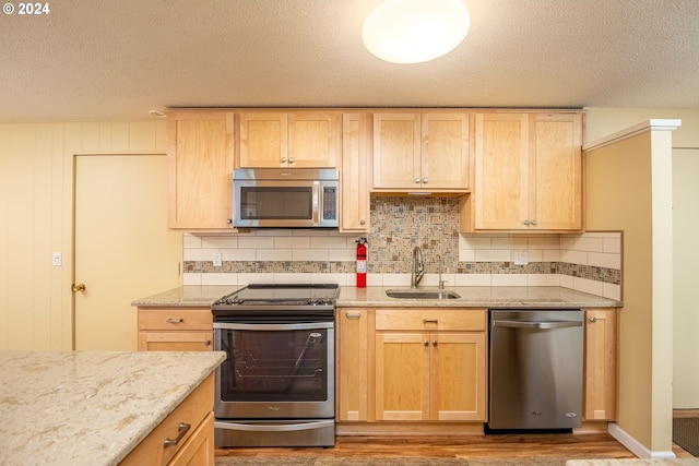 kitchen with light brown cabinetry, stainless steel appliances, and a sink