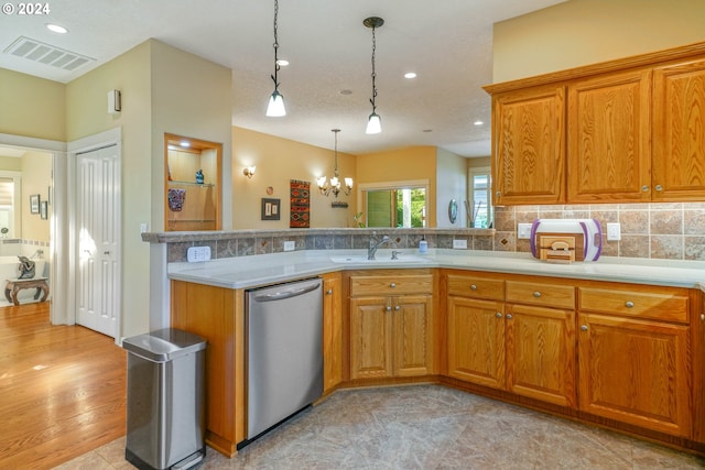 kitchen with sink, hanging light fixtures, decorative backsplash, stainless steel dishwasher, and kitchen peninsula