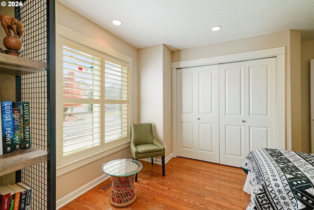 living area featuring plenty of natural light, a textured ceiling, and light hardwood / wood-style flooring