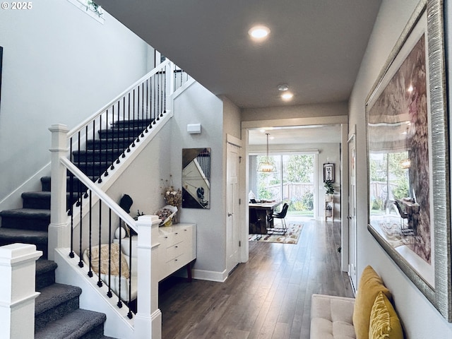 foyer entrance featuring a chandelier and dark hardwood / wood-style floors