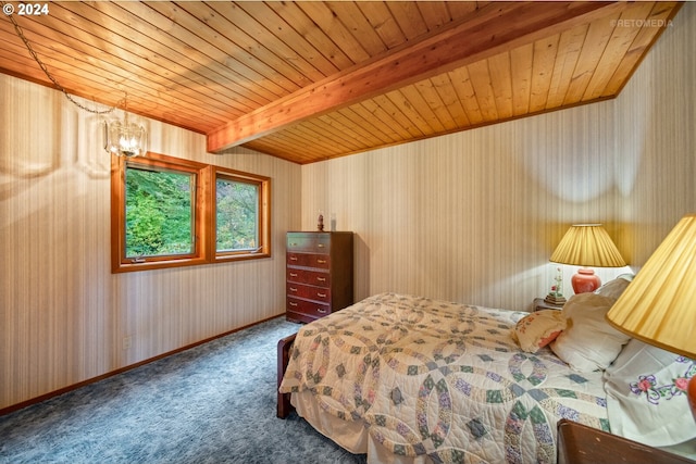 bedroom featuring a chandelier, wooden ceiling, carpet flooring, and beam ceiling