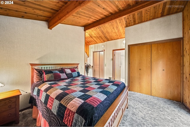 bedroom featuring lofted ceiling with beams and wood ceiling