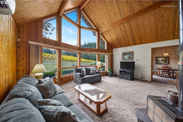 carpeted living room featuring high vaulted ceiling, wooden walls, wood ceiling, and beam ceiling