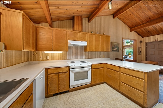 kitchen with lofted ceiling with beams, white appliances, wood ceiling, sink, and kitchen peninsula