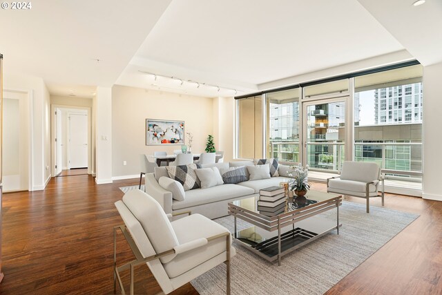 living room featuring a healthy amount of sunlight, rail lighting, and dark hardwood / wood-style floors