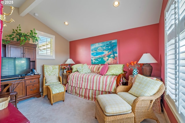 bedroom featuring vaulted ceiling with beams and light colored carpet