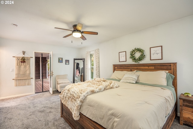 carpeted bedroom with a walk in closet, a closet, and ceiling fan