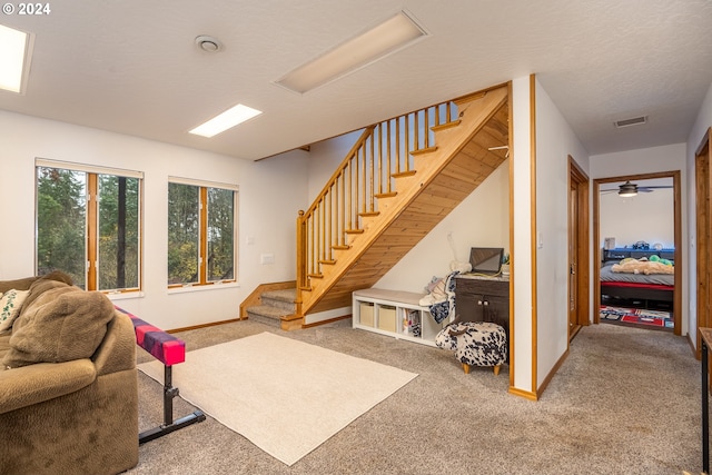 living room with carpet and a textured ceiling