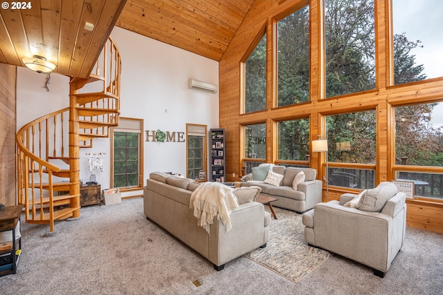 carpeted living room with high vaulted ceiling, wooden ceiling, and a wall mounted air conditioner