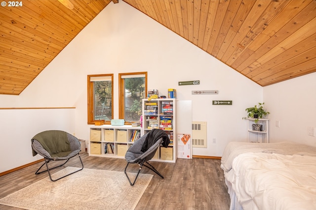 bedroom featuring hardwood / wood-style flooring, wood ceiling, radiator heating unit, and high vaulted ceiling