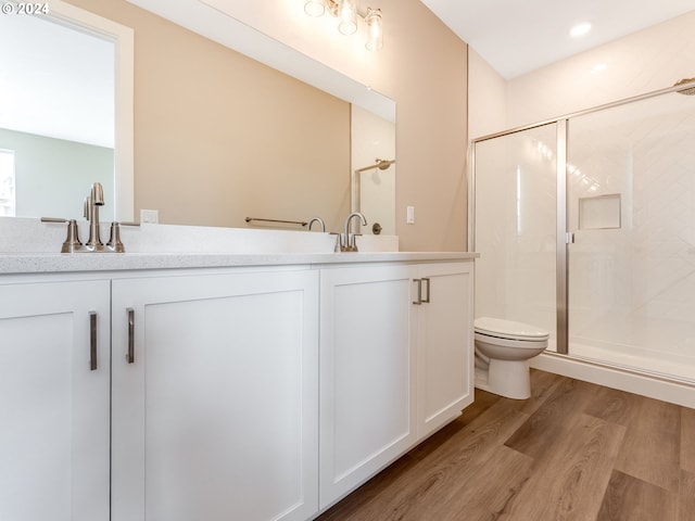 bathroom featuring vanity, toilet, wood-type flooring, and walk in shower