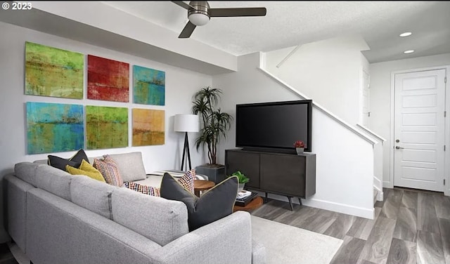 living room with ceiling fan and hardwood / wood-style floors