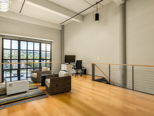 living area featuring wood finished floors and an upstairs landing